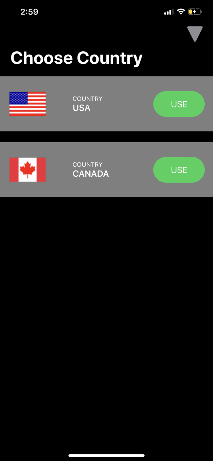 VpnNext app UI (iOS): VPN server selection.