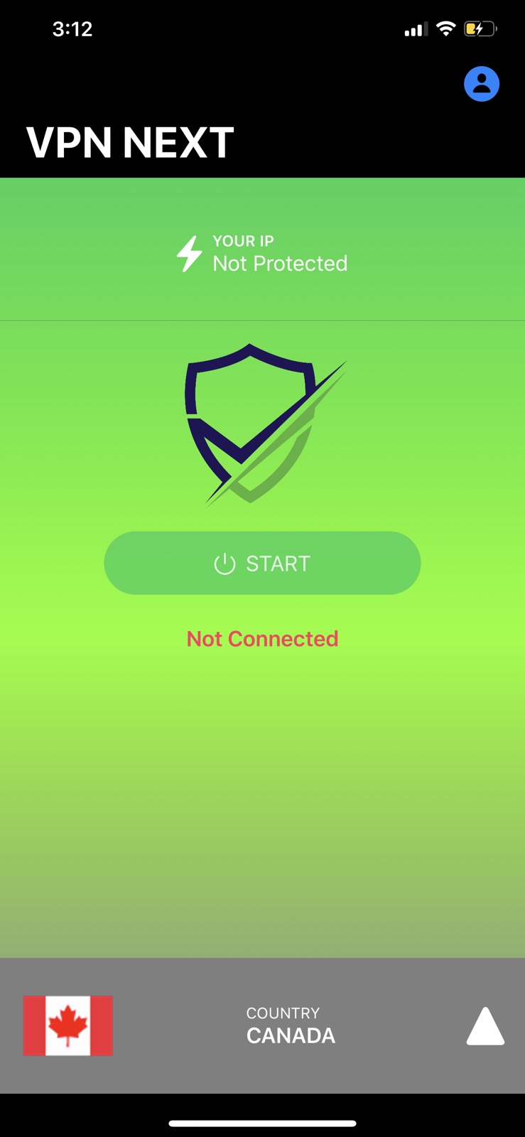VpnNext app UI (iOS): VPN connected.