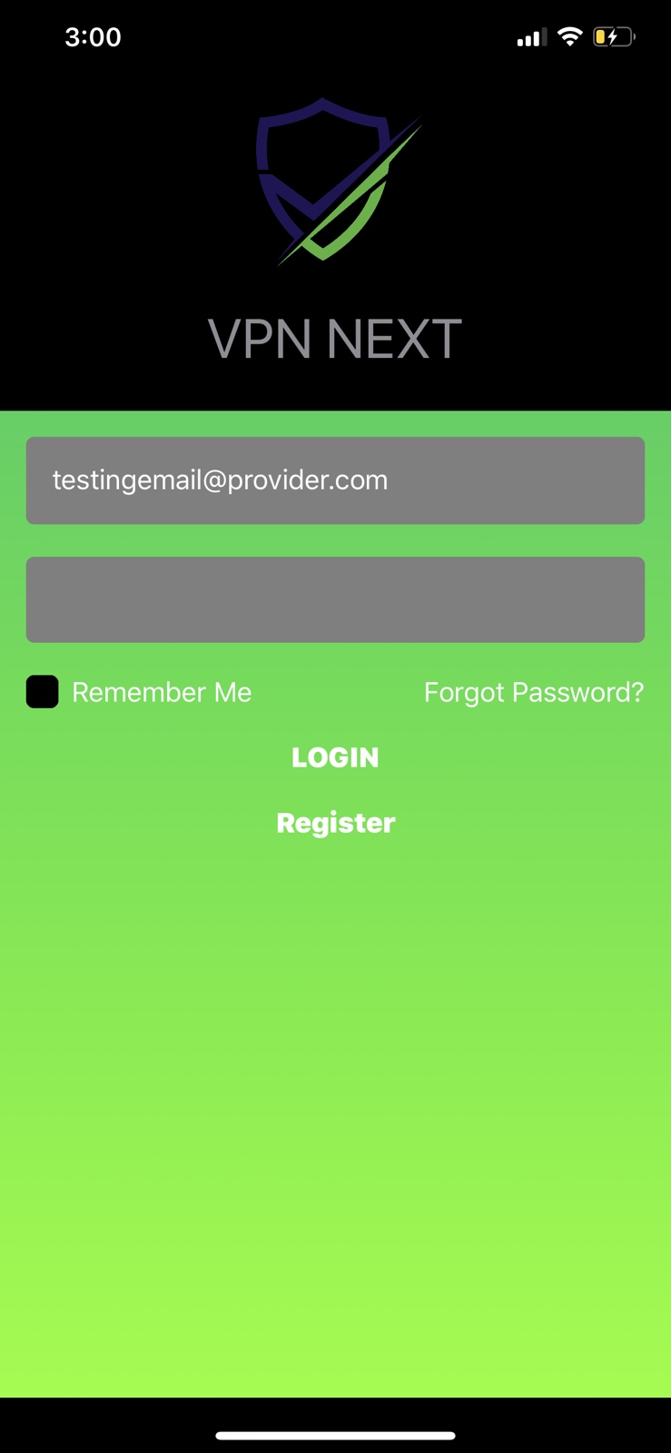 VpnNext app UI (iOS): VPN Registration.